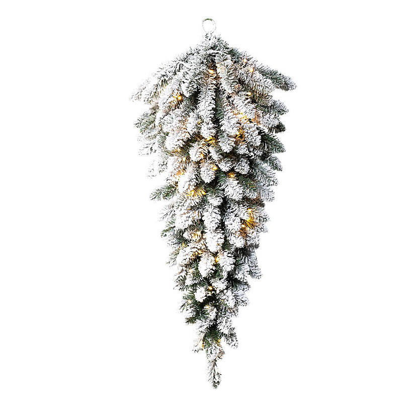 Glitzhome S/2 3ft Pre-Lit Flocked Christmas Teardrop, with 50 Warm White LED Lights and Timer, Three Function Image