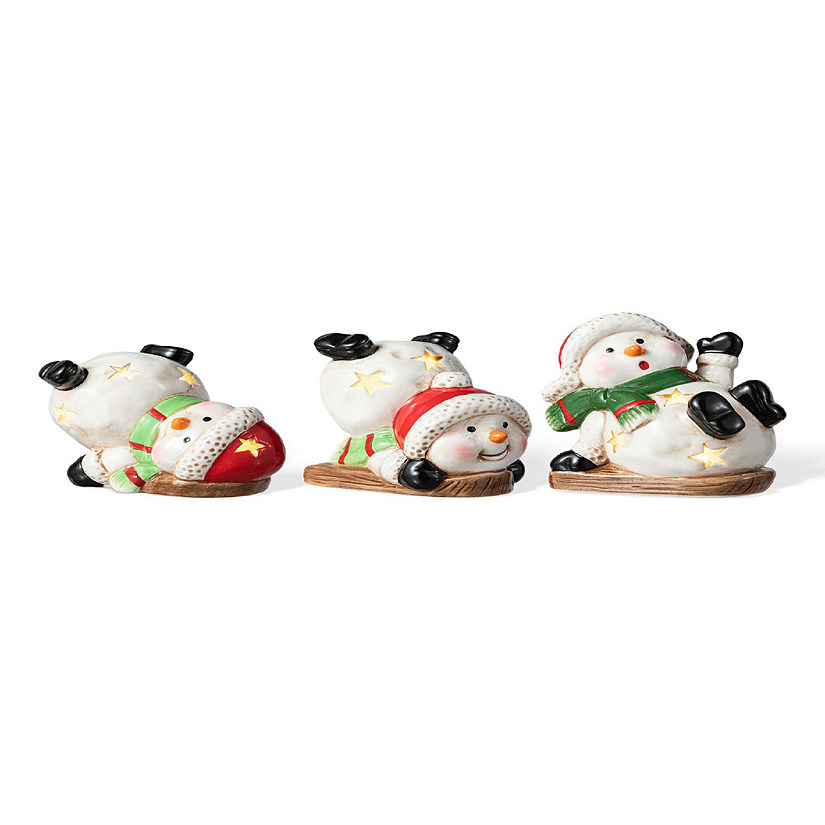 Glitzhome Set of 3 Lighted Ceramic Snowman Table Decor Image