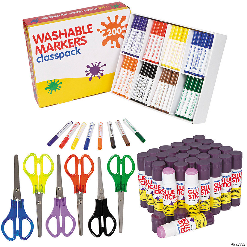 Glue Stick, Scissors &amp; Washable Markers Basic Classroom Supplies Kit - 242 Pc. Image