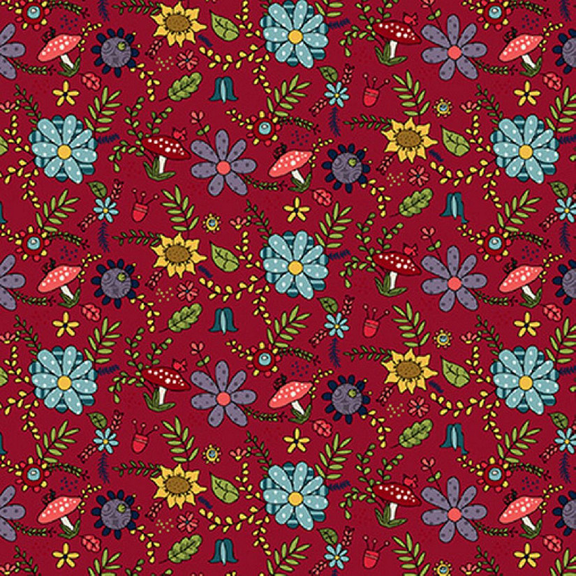 Gnome For the Holiday Flowers on Red- Cotton Fabric -by Henry Glass,44" Wide and Sold by the Yard Image