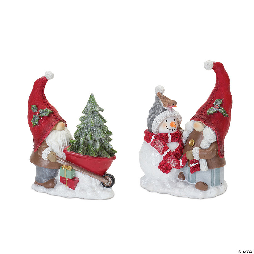 Gnome With Wheelbarrow And Gnome With Snowman (Set Of 2) 7"H, 8"H Resin Image
