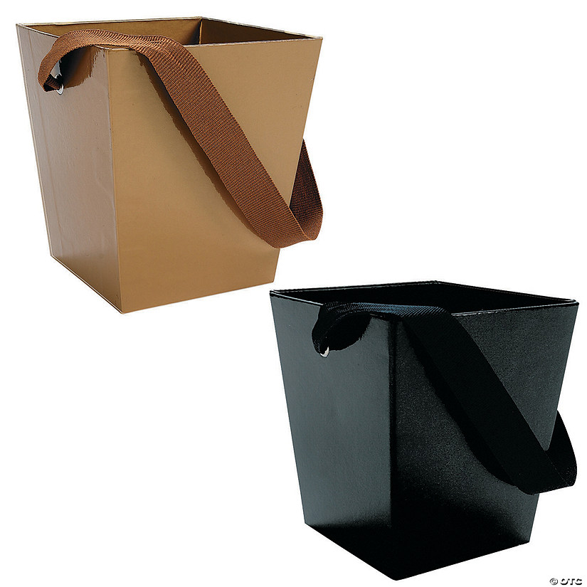 Gold & Black Cardboard Buckets with Ribbon Handle Kit - 12 Pc. Image