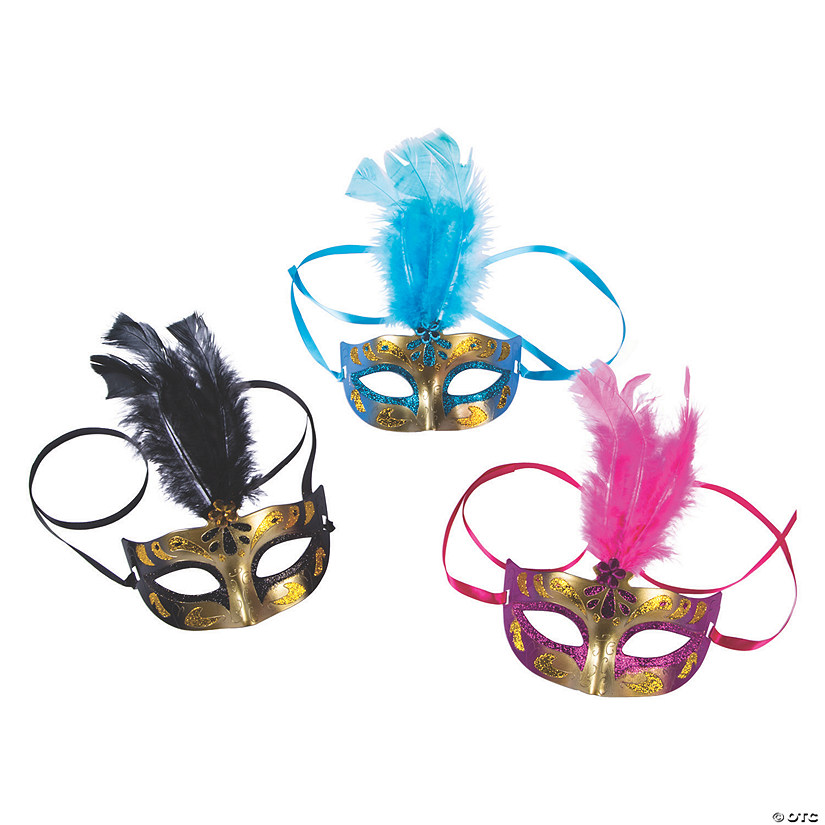 Gold Feathered Masquerade Masks- 12 Pc. Image