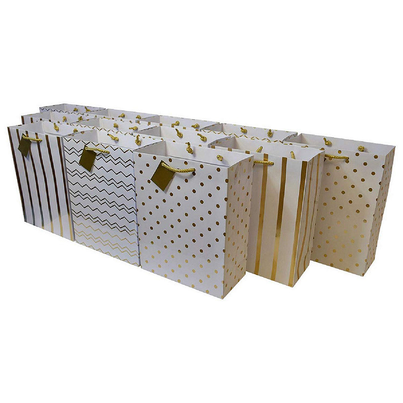 Metallic Gold Paper Gift Bags with Handles, Chevron, Polka Dot & Stripe Patterns - 12 PCS. Medium
