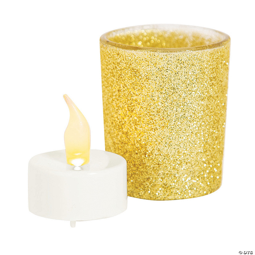 Gold Glitter Glass Votive Candle Holders with Battery-Operated Tea Light Candles - Makes 12 Image
