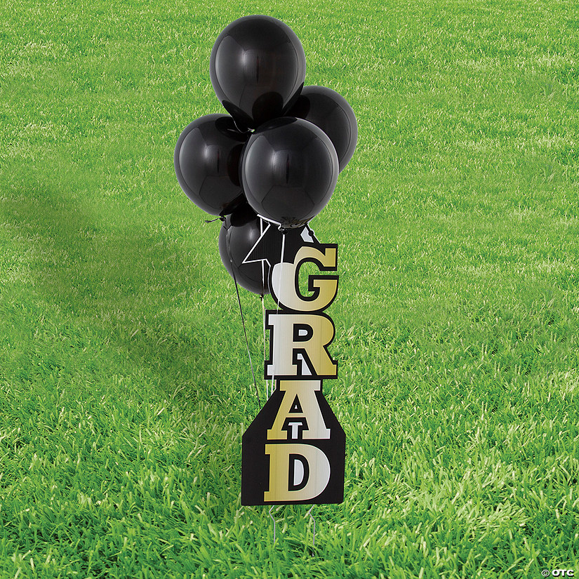 Gold Grad Vertical Yard Sign Kit with Black 11" Latex Balloons - 21 Pc. Image