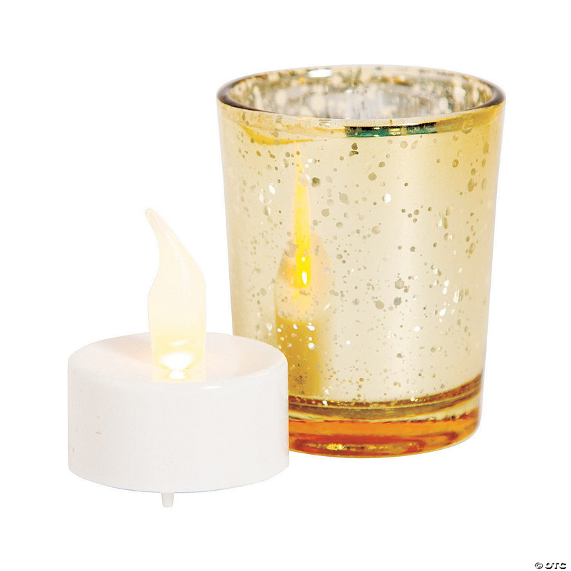 Gold Mercury Glass Votive Candle Holders with Battery-Operated Candles - 24 Pc. Image
