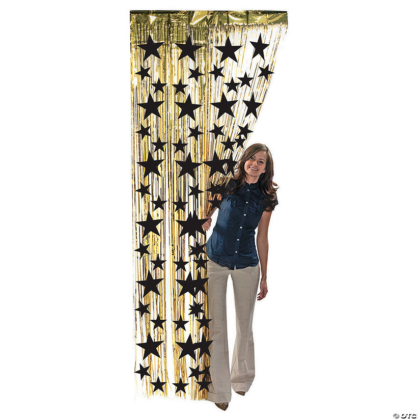Gold Metallic Fringe Door Curtain with Black Stars Image