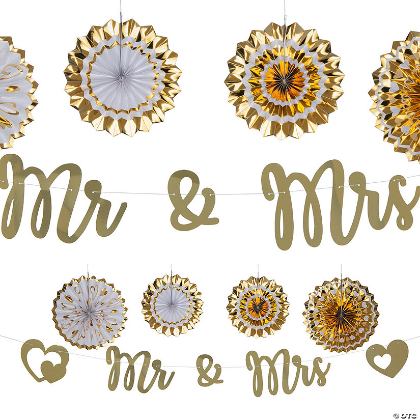 Gold Mr & Mrs Garland with Hanging Fan Decorations - 5 Pc. Image