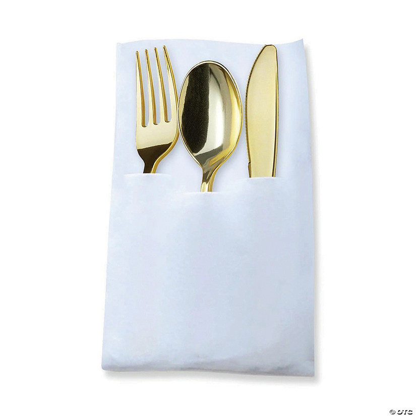 Gold Plastic Cutlery in White Pocket Napkin Set - Napkins, Forks, Knives, and Spoons (28 Guests) Image
