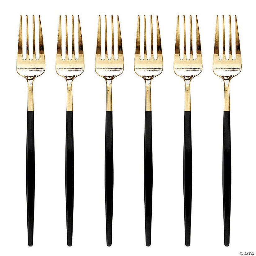 Gold with Black Handle Moderno Disposable Plastic Dinner Forks (120 Forks) Image