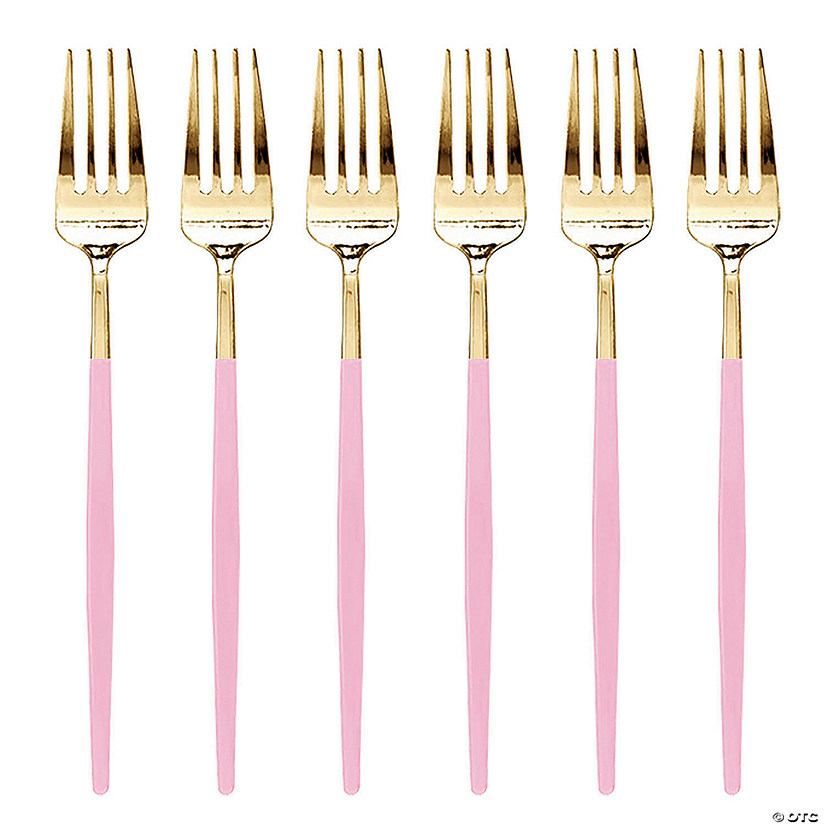 Gold with Pink Handle Moderno Disposable Plastic Dinner Forks (240 Forks) Image