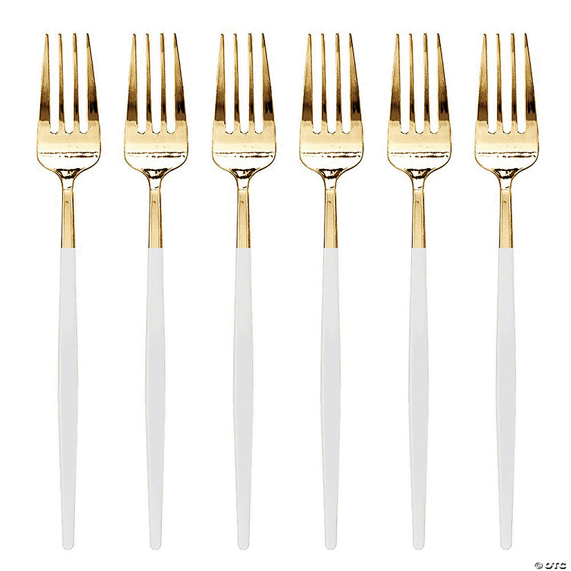 Gold with White Handle Moderno Disposable Plastic Dinner Forks (120 Forks) Image