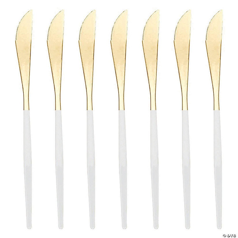 Gold with White Handle Moderno Disposable Plastic Dinner Knives (120 Knives) Image