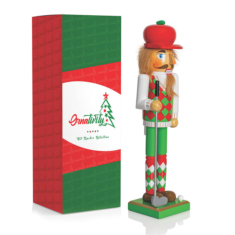 Golf Player Christmas Nutcracker Red and Green Wooden Golfer with Club and Ball Xmas Themed Holiday Nut Cracker Doll Figure Toy Decorations Image