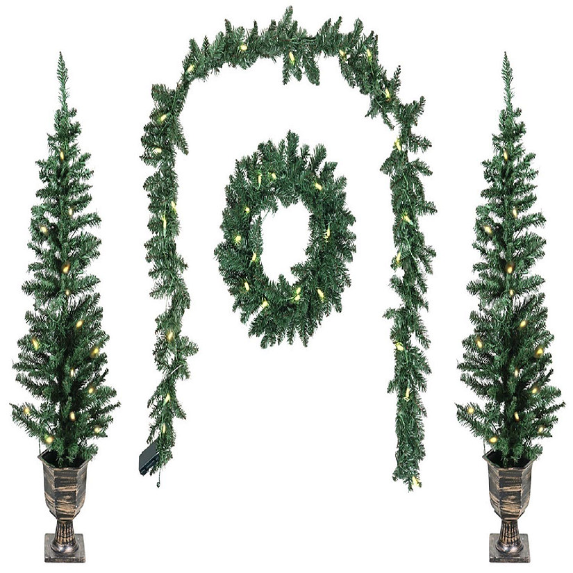 Good Tidings Classic Holiday 4- Piece Porch Set- Lit Wreath- Garland and 2 Trees Image