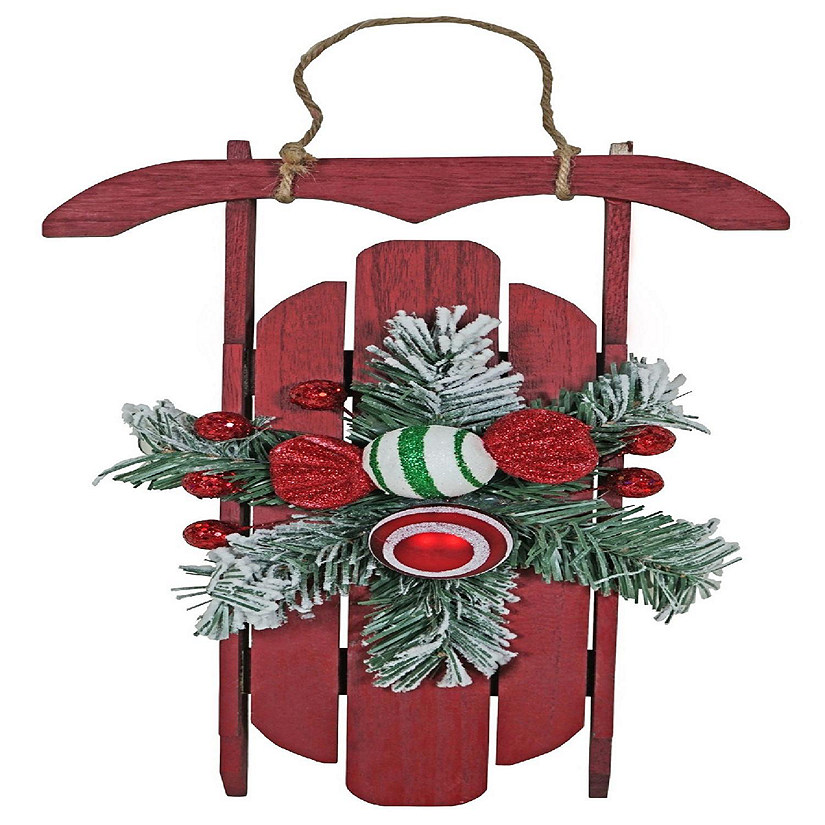Good Tidings Holiday Red Sleigh w Frosted Christmas Swag Decoration , 17.5 Inches Image