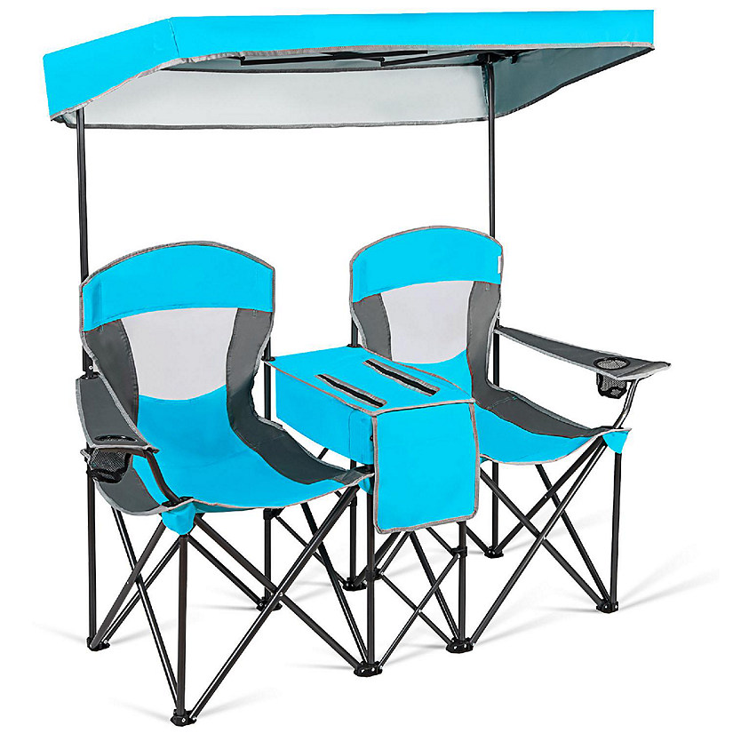 Goplus Portable Folding Camping Canopy Chairs w/ Cup Holder Cooler Outdoor Blue Image