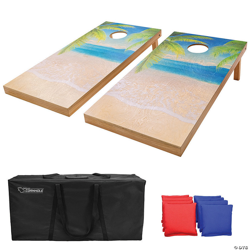 GoSports 4'x2' Reguation Size Premium Wood Cornhole Set - Beach Themed Design, Includes Two 4'x2' Boards, 8 Bean Bags, Carrying Case and Game Rules Image