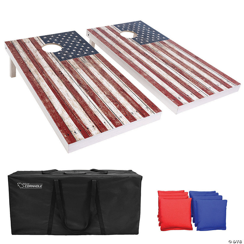 GoSports 4'x2' Reguation Size Premium Wood Cornhole Set - Rustic American Flag Design, Includes Two 4'x2' Boards, 8 Bean Bags, Carrying Case and Game Rules Image