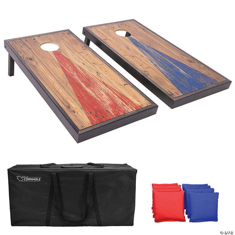 GoSports 4'x2' Reguation Size Premium Wood Cornhole Set - Vintage Wood Steel Design, Includes Two 4'x2' Boards, 8 Bean Bags, Carrying Case and Game Rules Image