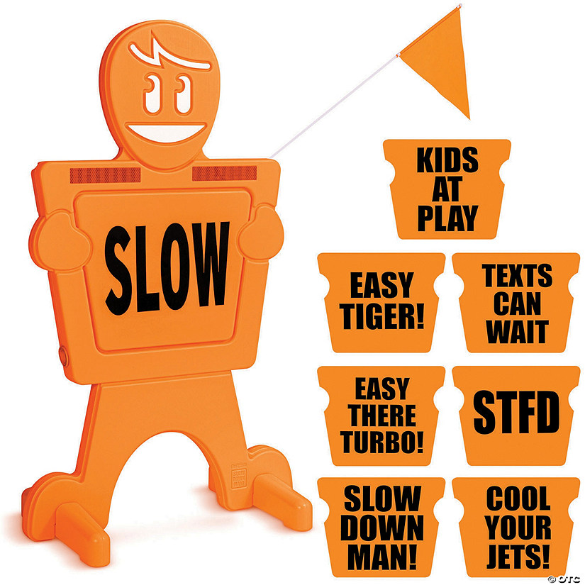 GoSports SlowDownMan! Street Safety Sign - 3ft High Visibility Kids at Play Signage for Neighborhoods with 8 Decal Options and Flag Image