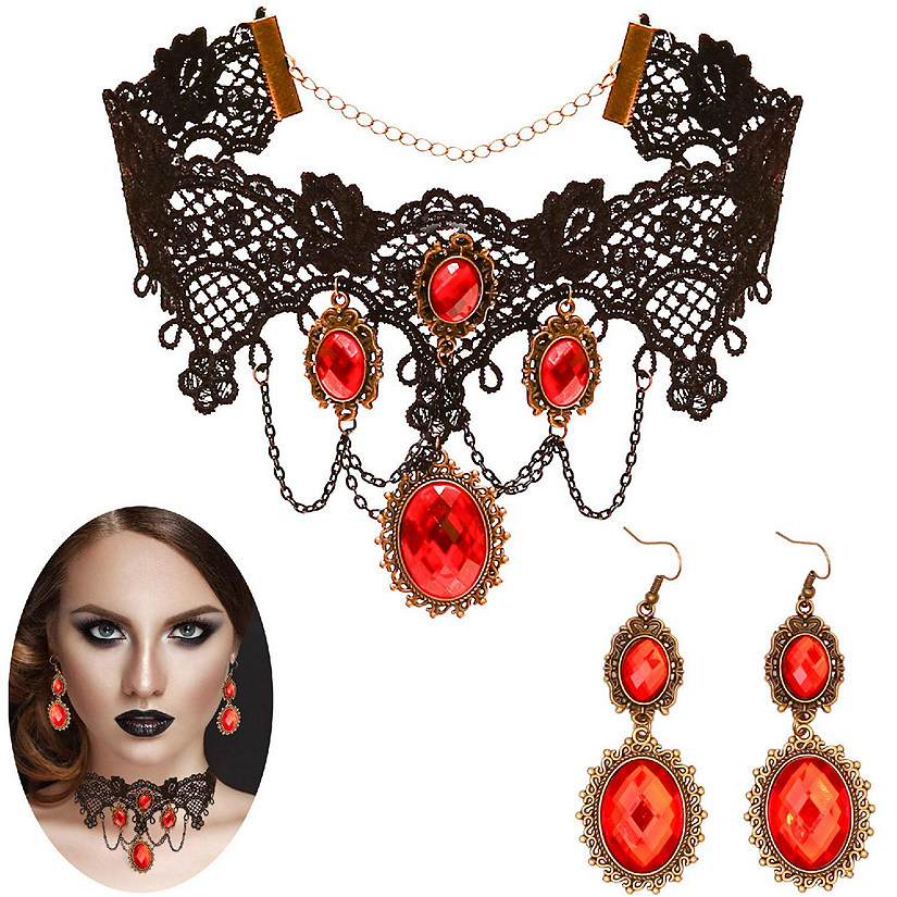 Gothic Vampire Jewelry Set - Black Lace Choker with Red Rhinestone Earrings  Pirate Accessories Set for Women and Girls