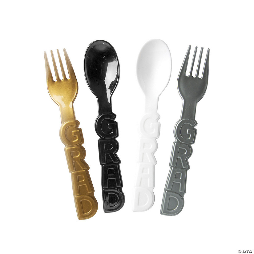 Grad Party Gold, Silver, Black & White Disposable Plastic Fork & Spoon Set - 16 Ct. Image