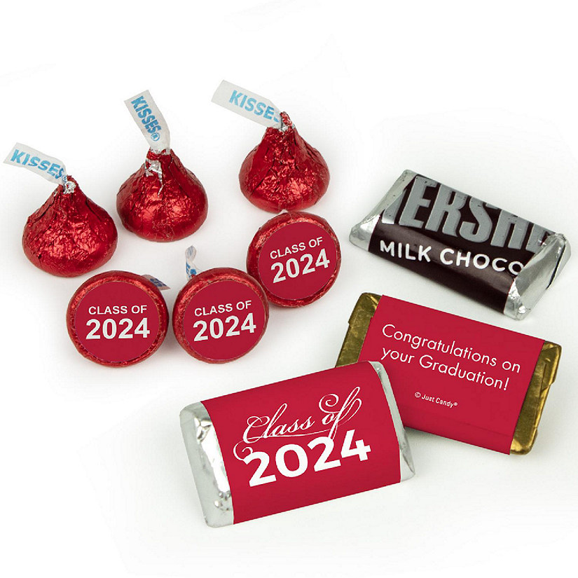 Graduation Candy Party Favors (Approx. 100 Pcs Milk Chocolate Hershey's Kisses & 40 Pcs Wrapped Miniatures) - Red Class of 2024 Image