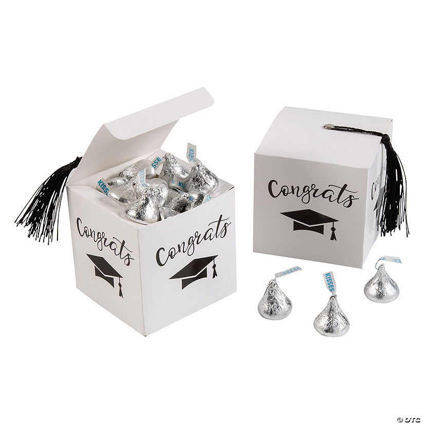 Graduation Favor Boxes with Black Tassel & Silver Hershey&#8217;s<sup>&#174;</sup> Kisses<sup>&#174;</sup> Kit for 25 Image
