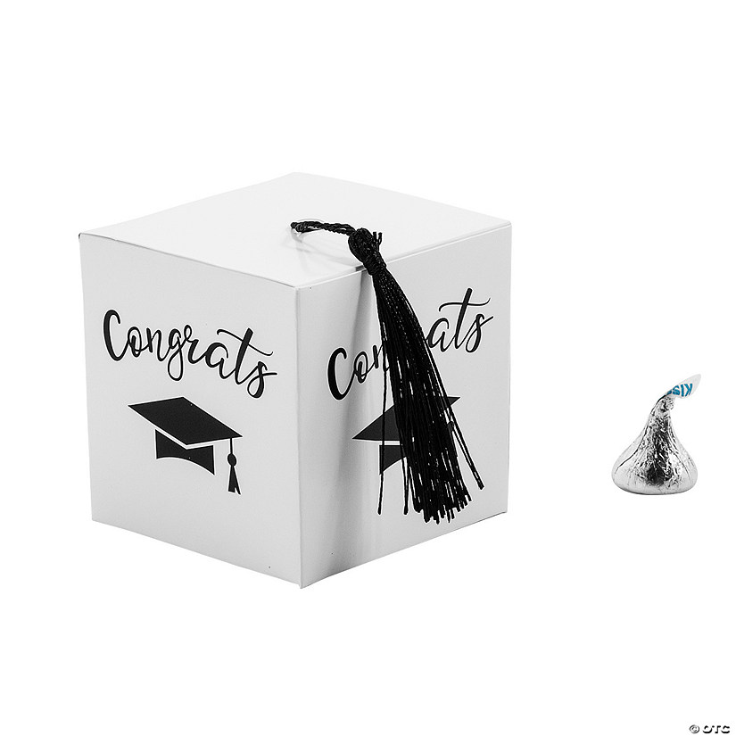 Graduation Party White Favor Boxes with Black Tassel - 25 Pc. Image