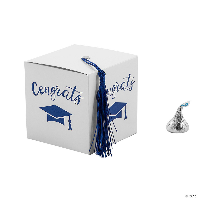 Graduation Party White Favor Boxes with Blue Tassel - 25 Pc. Image