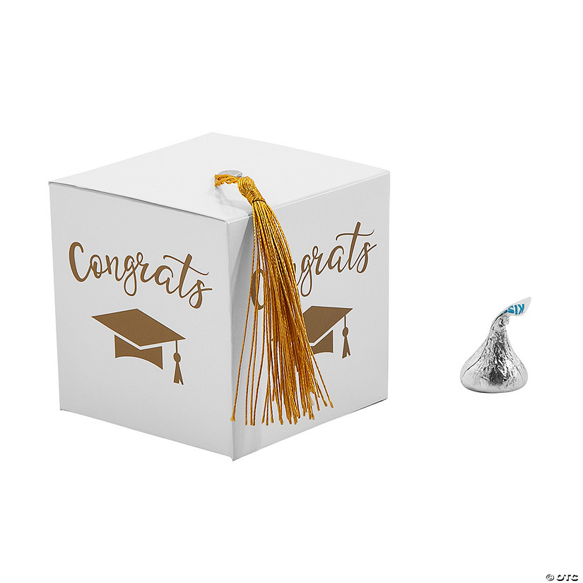 Graduation Party White Favor Boxes with Gold Tassel - 25 Pc. Image