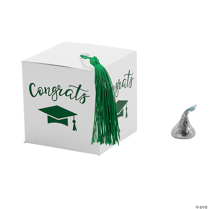 Graduation Party White Favor Boxes with Green Tassel - 25 Pc. Image
