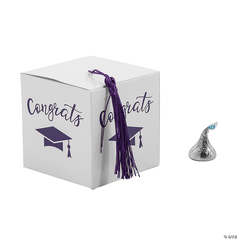 Graduation Party White Favor Boxes with Purple Tassel - 25 Pc. Image