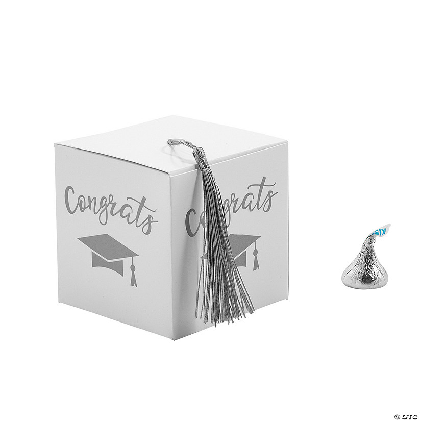 Graduation Party White Favor Boxes with Silver Tassel - 25 Pc. Image
