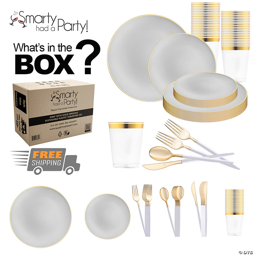 Gray with Gold Organic Disposable Plastic Tableware Set - 60 Settings Image