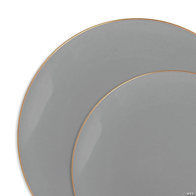 Gray with Gold Organic Round Disposable Plastic Dinnerware Value Set (120 Dinner Plates + 120 Salad Plates) Image