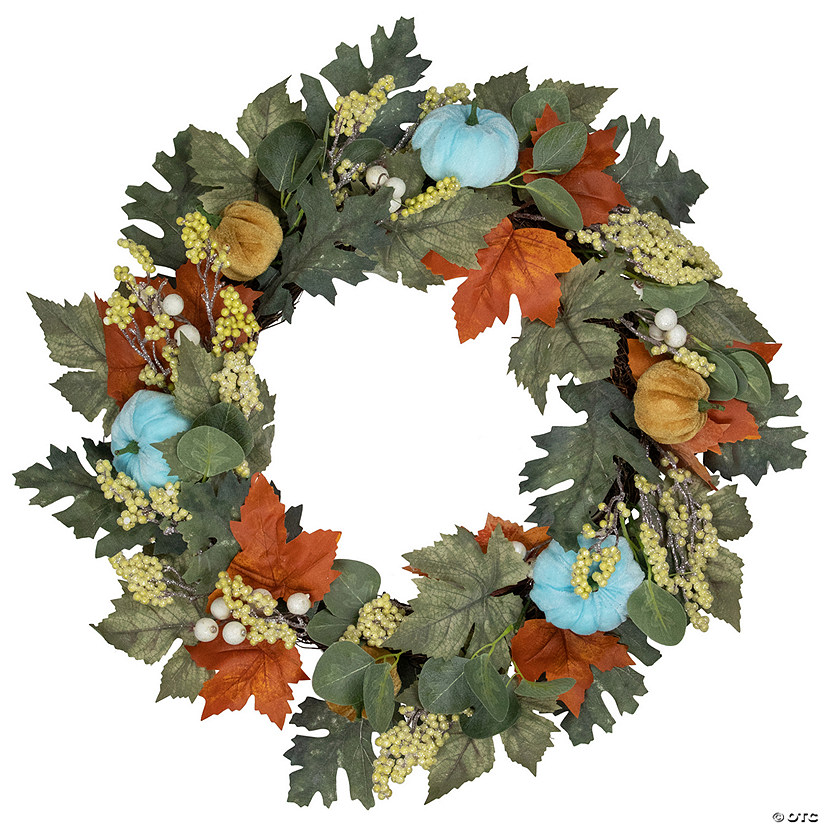 Green and Orange Foliage and Gourds Thanksgiving Artificial Wreath  22-Inch Image