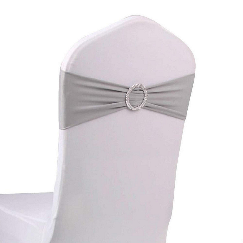 GW Linens 10pcs Silver Spandex Chair Bands With Buckle Wedding Banquet Sashes Image