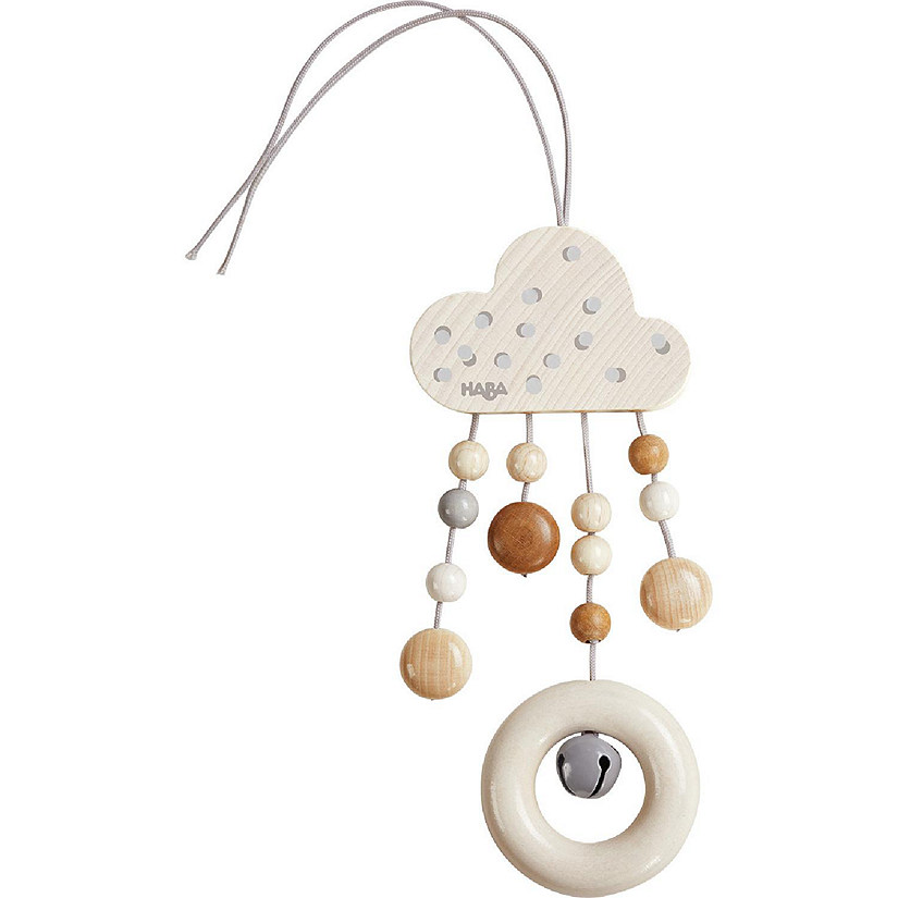 HABA Dangling Figure Dots - Natural Wooden Cloud with Dangling Beads and Chiming Ring - Attaches to Play Gym, Car Seat or Stroller (Made in Germany) Image