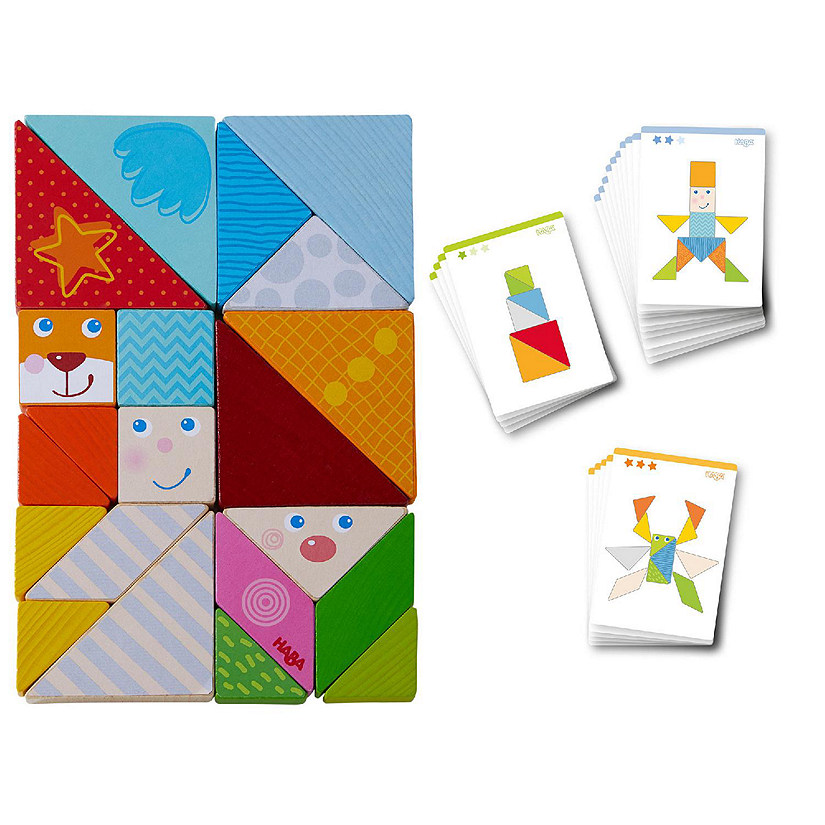 HABA Funny Faces Tangram Wooden Pattern Blocks with 20 Template Cards (Made in Germany) Image