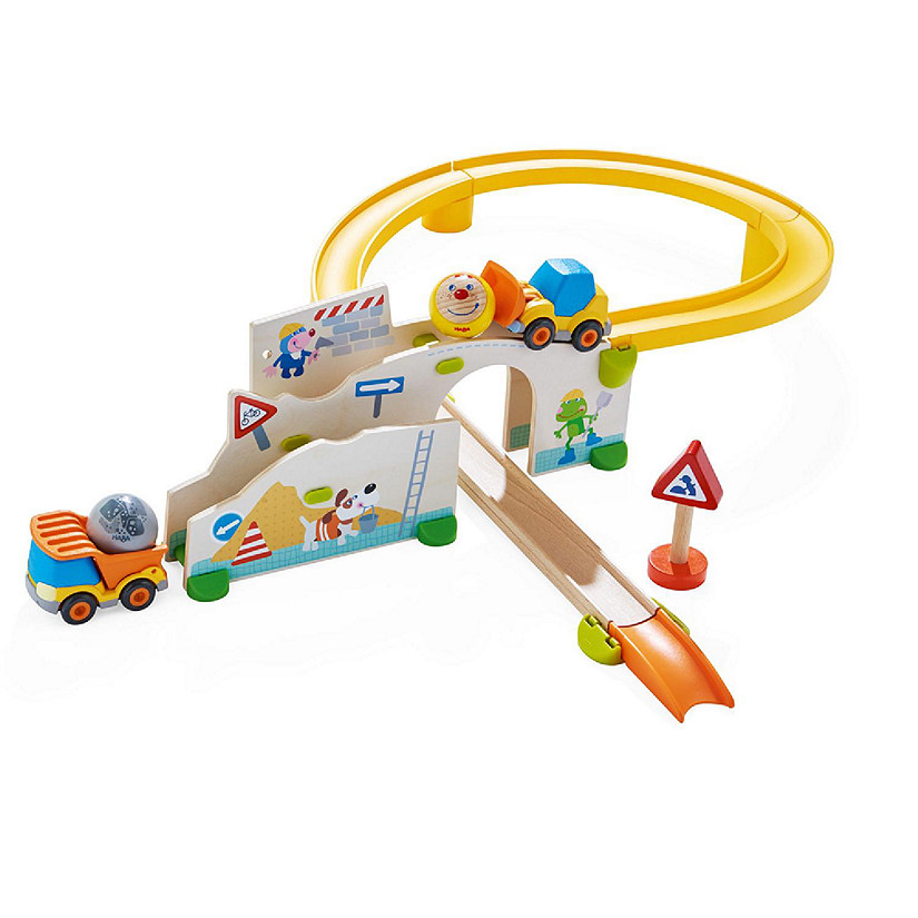 HABA Kullerbu at The Construction Site Play Track - 13 Piece Starter Set with 2 Vehicles and Ball Drop - Ages 2 and Up Image