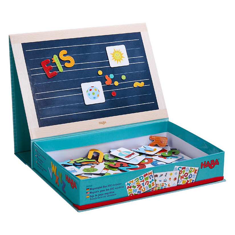 HABA Magnetic Game Box ABC Expedition - 147 Uppercase Magnetic Pieces in Cardboard Carrying Case Image