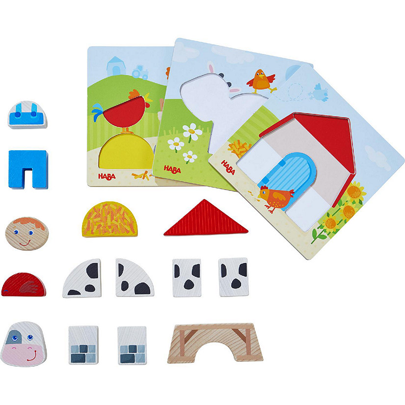 HABA On the Farm Beginner Pattern Blocks Puzzle with 3 Background Scenes and 14 Wooden Pieces - Ages 18 Months + (Made in Germany) Image