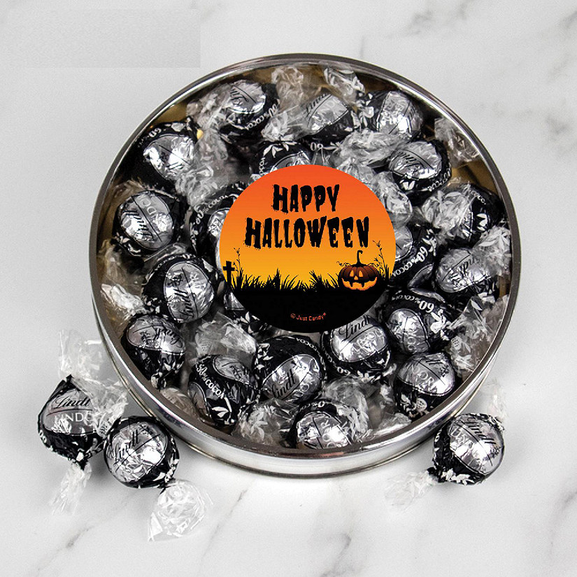 Halloween Candy Gift Tin with Chocolate Lindor Truffles by Lindt Large Plastic Tin with Sticker By Just Candy - Pumpkin Image