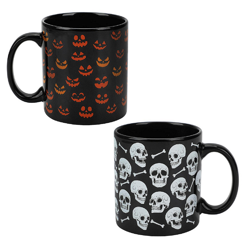 Halloween Skulls &amp; Jack-o'-Lantern Faces 2-Pack 16 Oz Ceramic Mugs Image