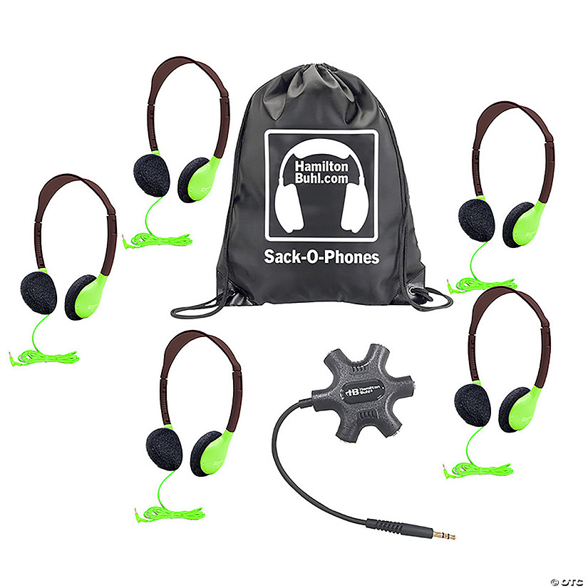 HamiltonBuhl Galaxy Econo-Line of Sack-O-Phones with 5 Green Personal-Sized Headphones, Starfish Jackbox and Carry Bag Image