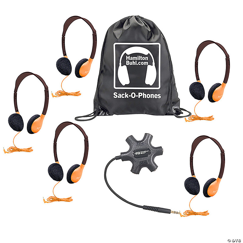 HamiltonBuhl Galaxy Econo-Line of Sack-O-Phones with 5 Orange Personal-Sized Headphones, Starfish Jackbox and Carry Bag Image