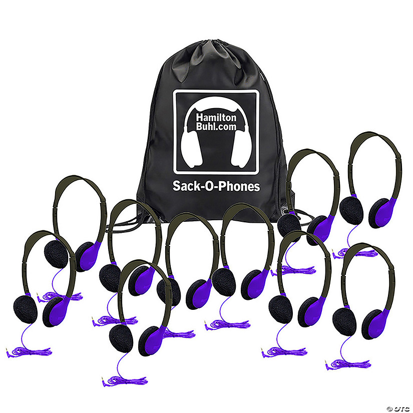 HamiltonBuhl Sack-O-Phones, 10 Personal Headphones in a Carry Bag, Purple Image